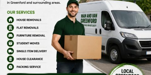 Man and Van Greenford same day house removals flyer with moving van and professional mover holding a box